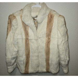 Genuine Rabbit Fur Jacket Cream & Tan French Origin Satin Lined Hook & Eye Med